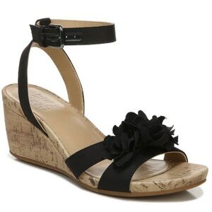 Naturalizer Areda Flower Cork Wedge Heel Black Sandal Sz 8.5